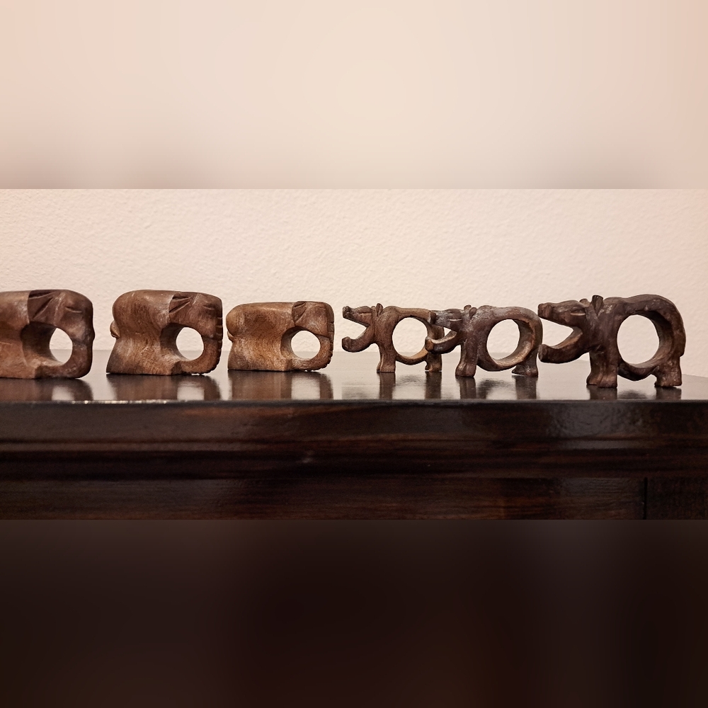 Vintage Hand Carved Elephant & Boar Napkin Rings
